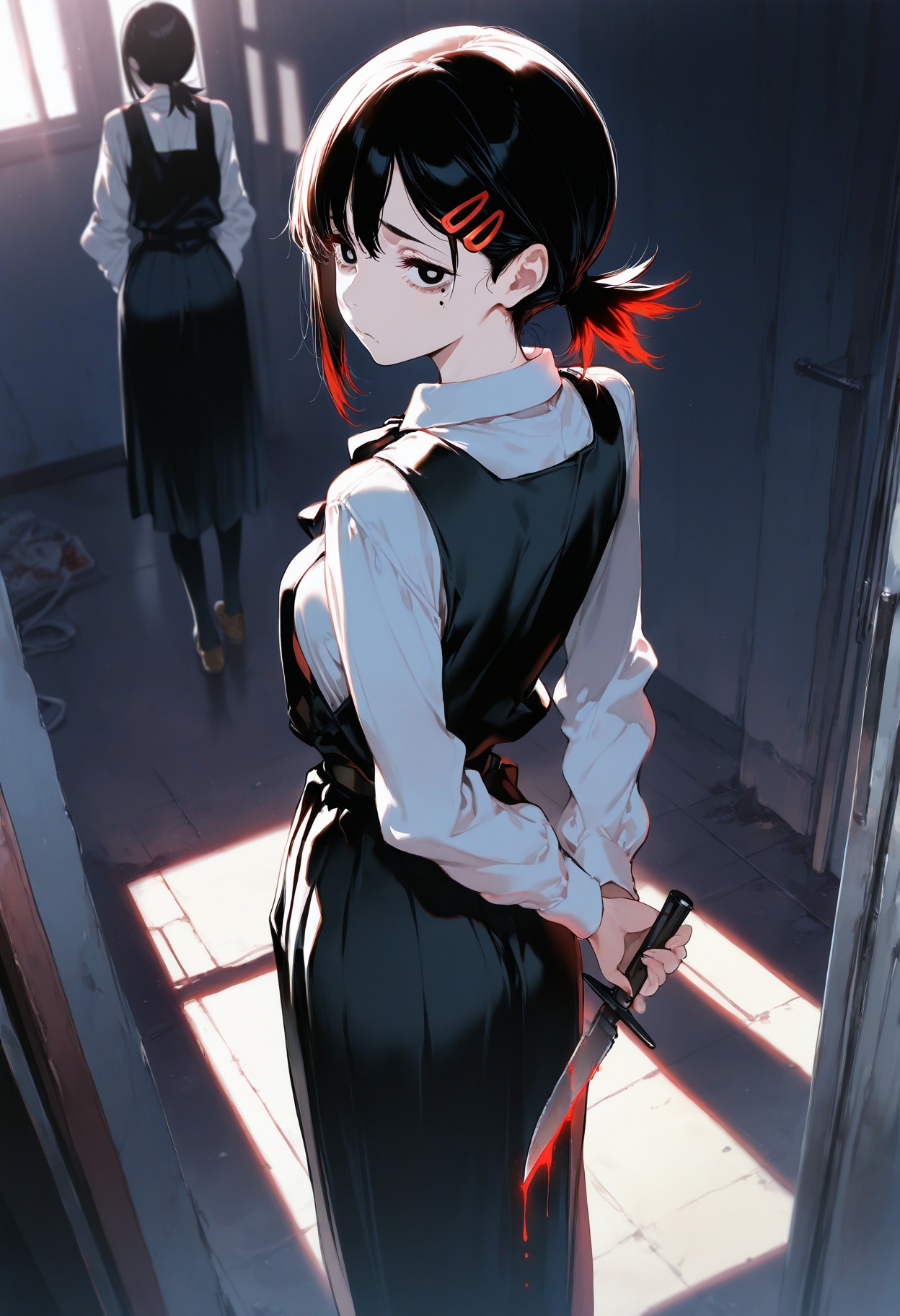 best_quality,masterpiece,newest,year 2024,year 2023,very aesthetic,absurdres,impactful picture,offcial art,movie perspective,(ke-ta:0.5),(yoneyama mai:0.5),higashiyama_kobeni,chainsaw_man,1girl,solo,black_hair,black_eyes,darkness,backlight,back to back,looking_back,hold the dagger behind your back,glowing_hair,brilliant color,glowing blood,