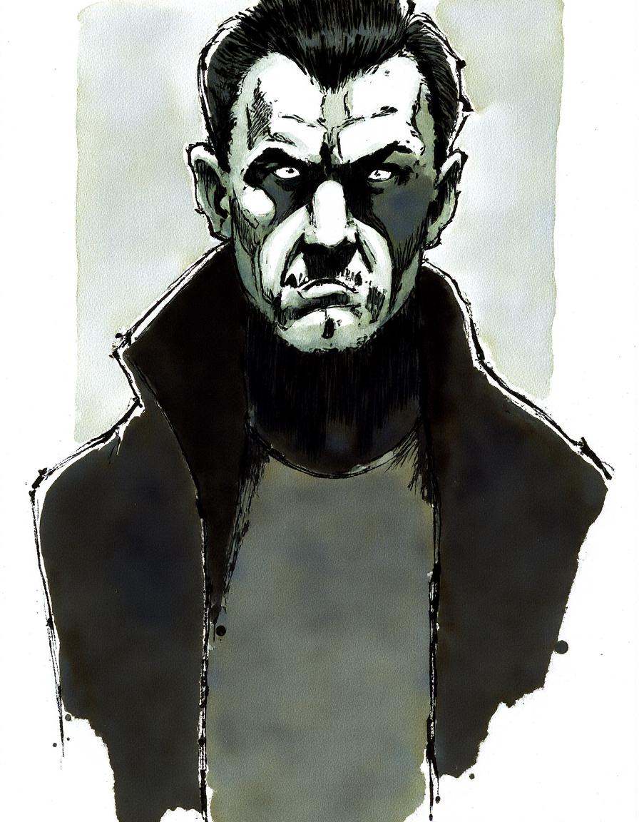 ink watercolor,  Design a portrait of a mysterious man with a strong jawline,  shadowed beard on Tensor.Art