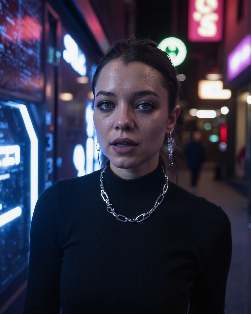 esme_cmiles,  wearing a turtle neck sweater,  Close-up portrait of a rebellious woman with sharp facial features on Tensor...