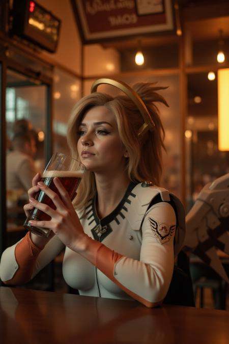 Mercy,  a woman with halo and wings is having a beer in a pub on Tensor.Art