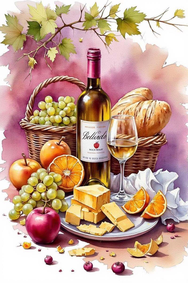 This image features a still life arrangement that is often associated with tranquility and leisure. It shows a basket of g...