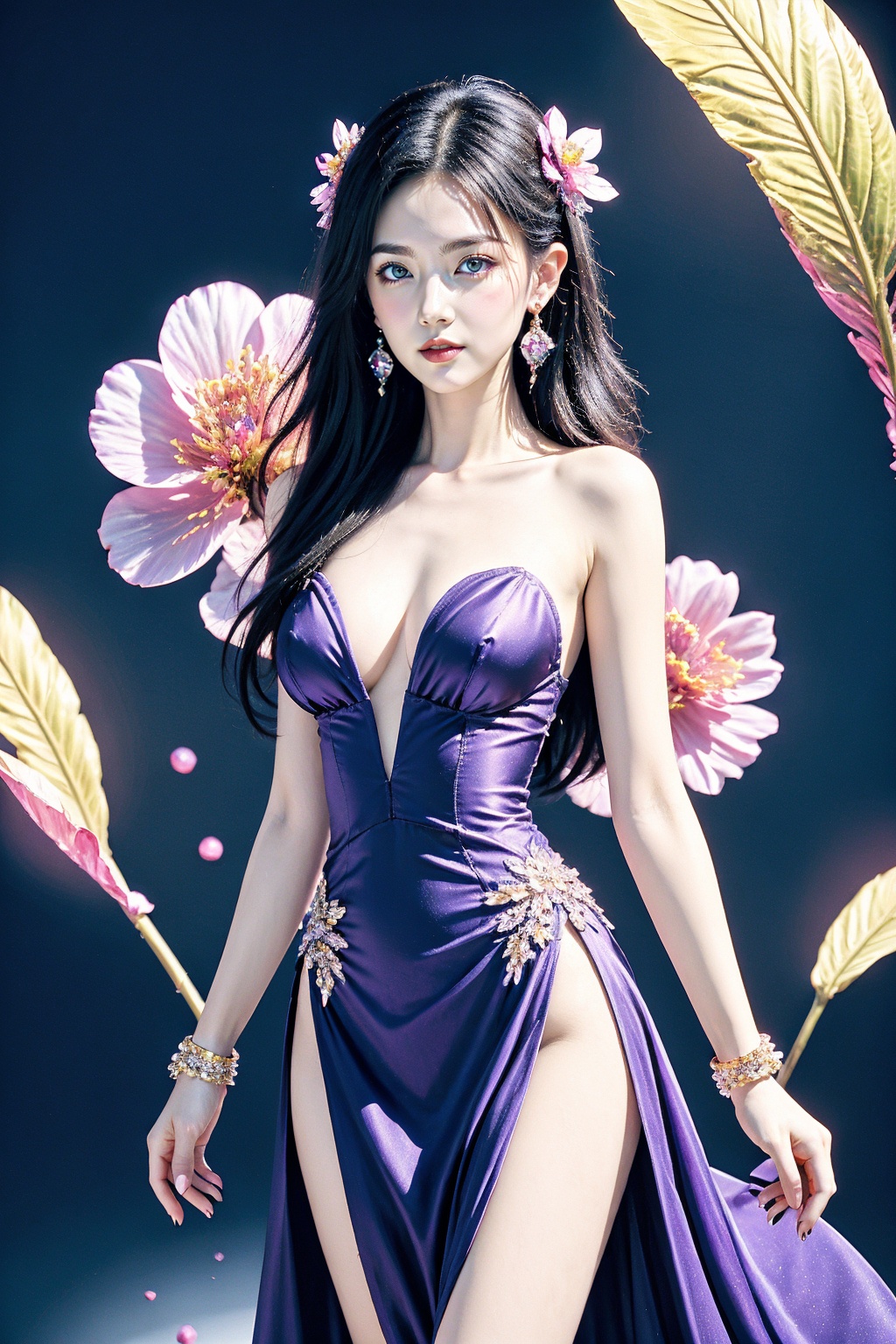1girl, breasts, jewelry, solo, dress, earrings, looking at viewer, long hair, hair ornament, black hair, purple dress, bare shoulders, bracelet, flower, hair flower, multicolored hair, side slit, strapless, nail polish, purple hair, standing, strapless dress, 