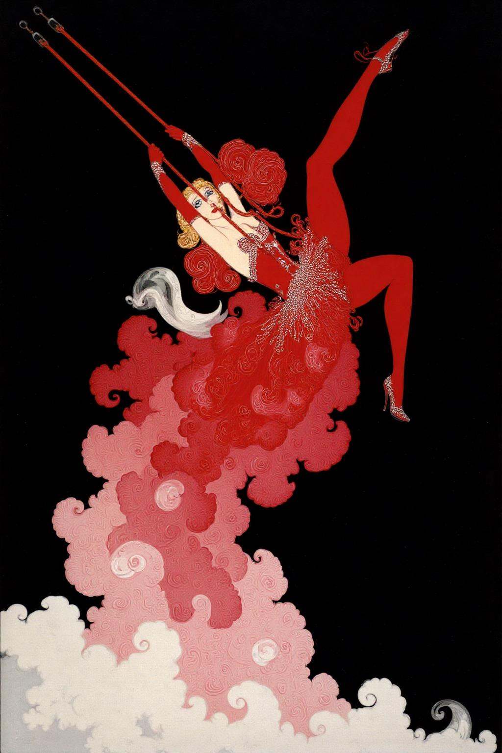erte1 illustration.A glamorous woman on a swing,  soaring through the air with flowing,  stylized red and pink plumes trai...