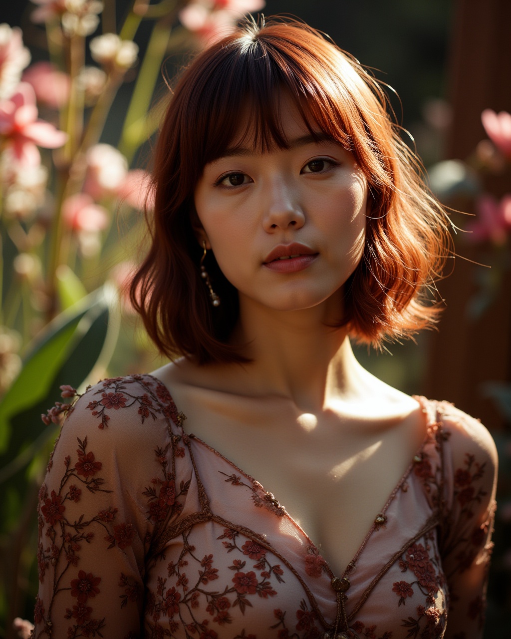 A asian woman with shoulder-length maroon hair and stylish bangs. The intricate details of her outfit and the mesmerizing...