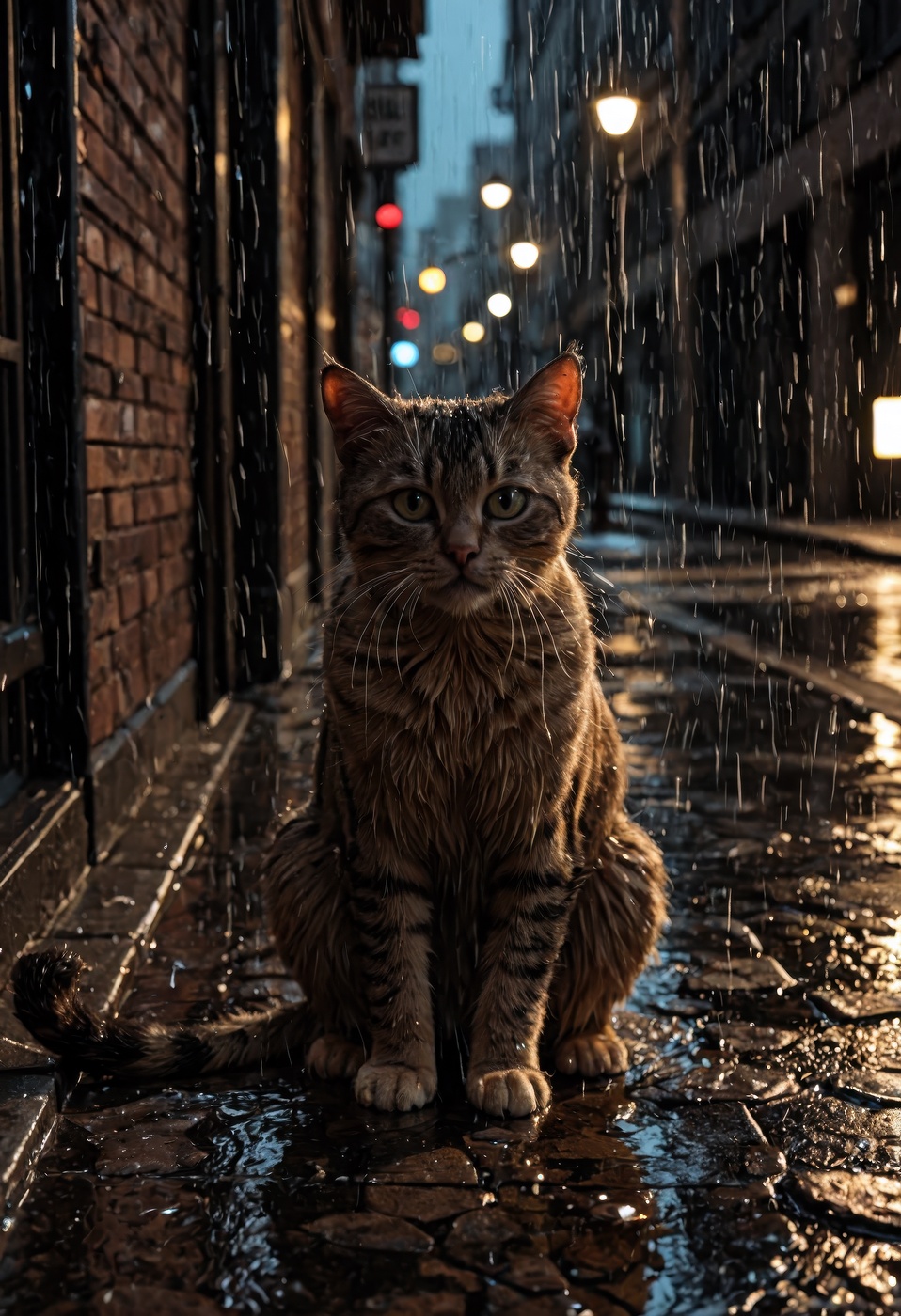 ultra photo-realistic,  highly detailed image of a stray cat with a very sad face,  drenched in heavy rain on Tensor.Art
