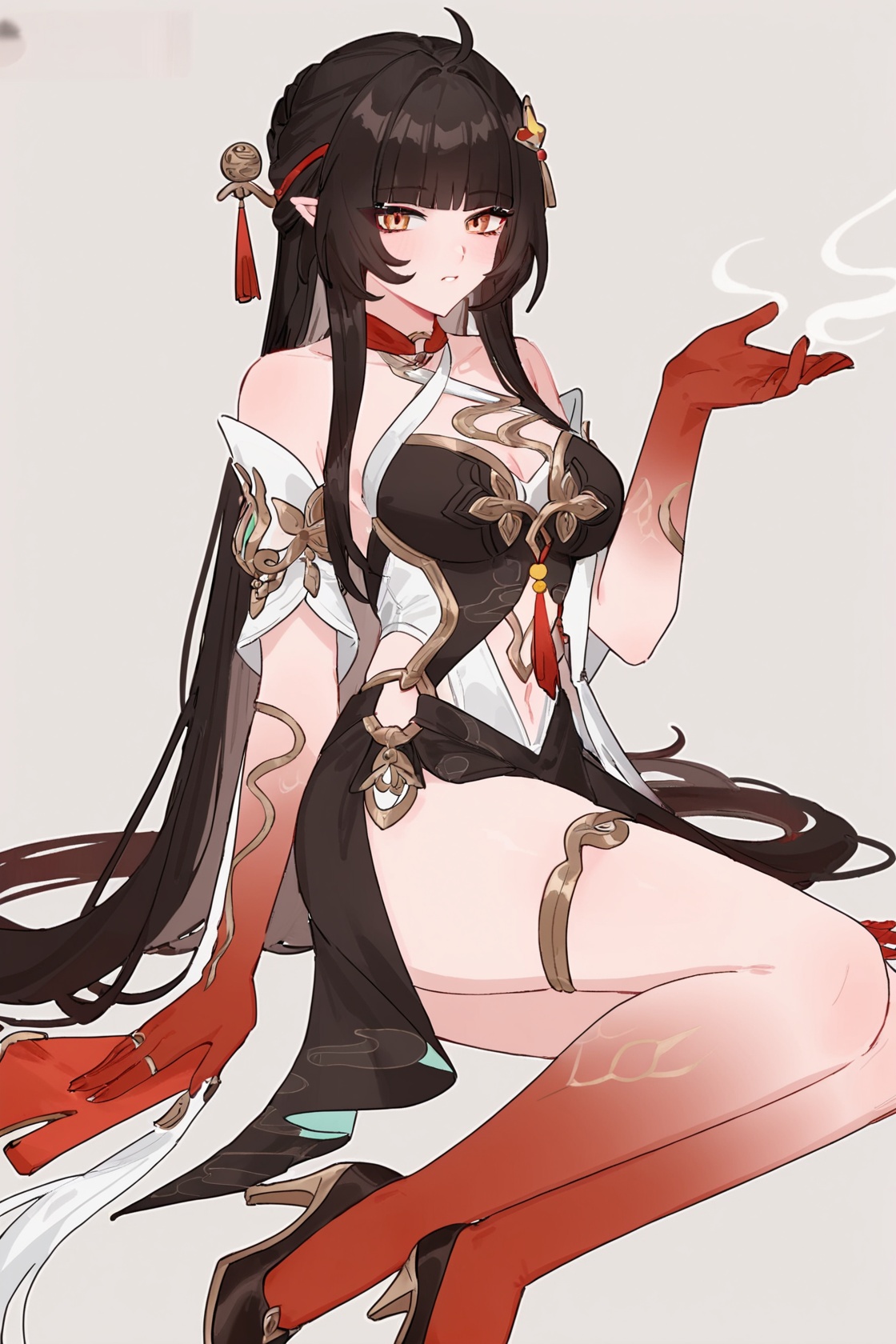 8k, best quality, masterpiece, (ultra-detailed), (high detailed skin), by m75255831, by bbybluemochi, 1girl, <lora:lingsha-atw2-Tanger:0.8>, lingsha, default clothes, red hands, red feet, black dress, 1girl, long hair, black hair, breasts, ahoge, high heels, 