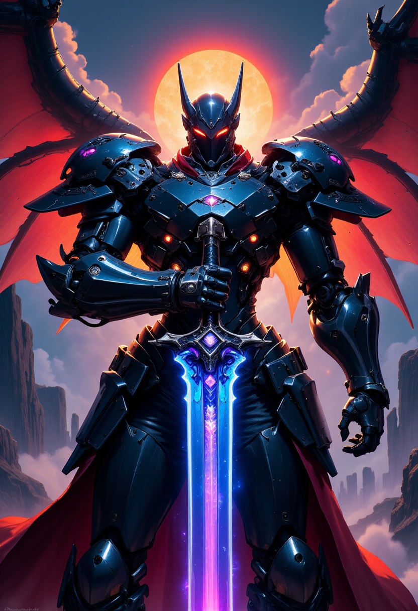 Glowing black cyberpunk holy knight,  holding sword in attacking pose,  glowing haloa bove his head on Tensor.Art