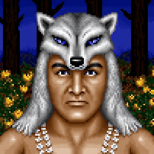 Original HoMM2 style portrait of a male barbarian with a wolf headdress. The character has a muscular build,  a headdress...