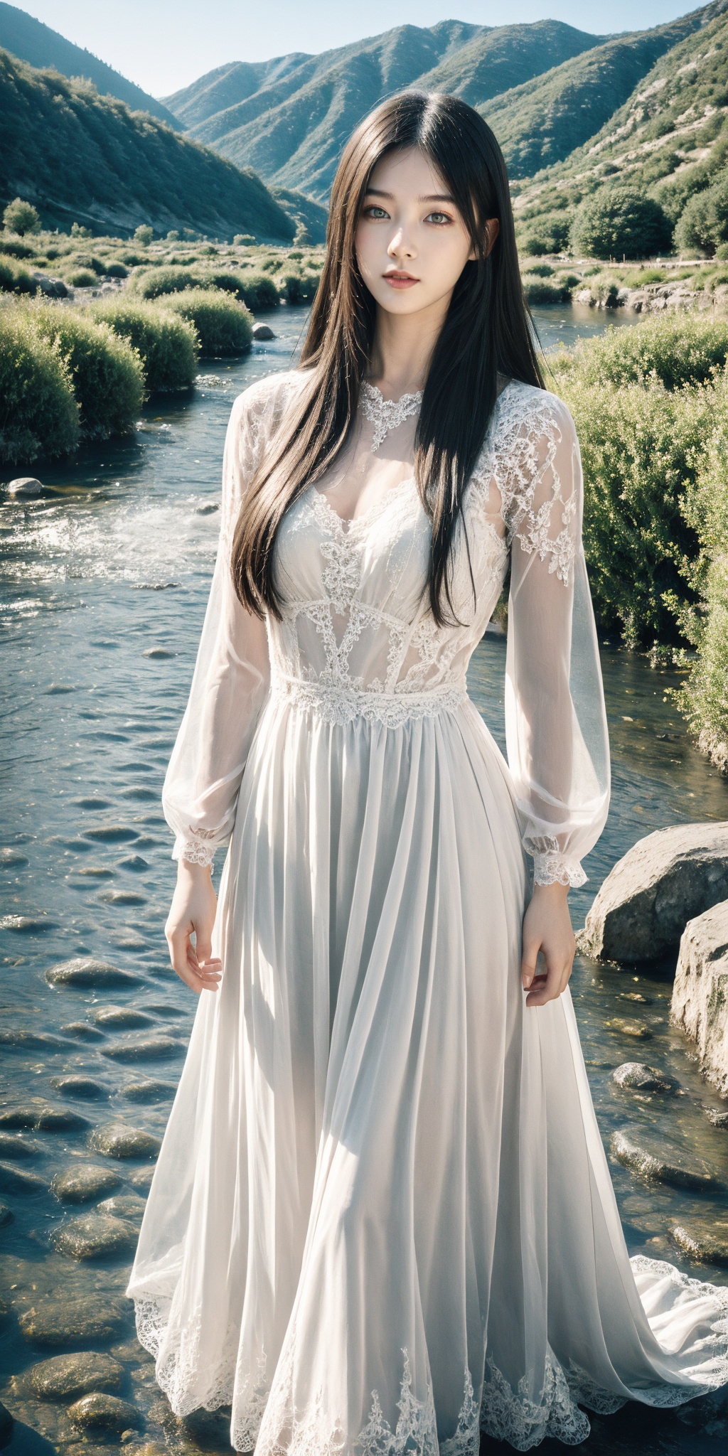 (extremely detailed:1.4),(realistic:1.4),1girl,(long hair:1.4),see-through white dress,lace,suburbs,mountain stream,outdoors,