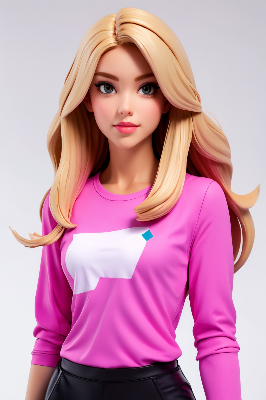 1girl, solo, blonde hair, long hair, white background, pink shirt, looking at viewer,