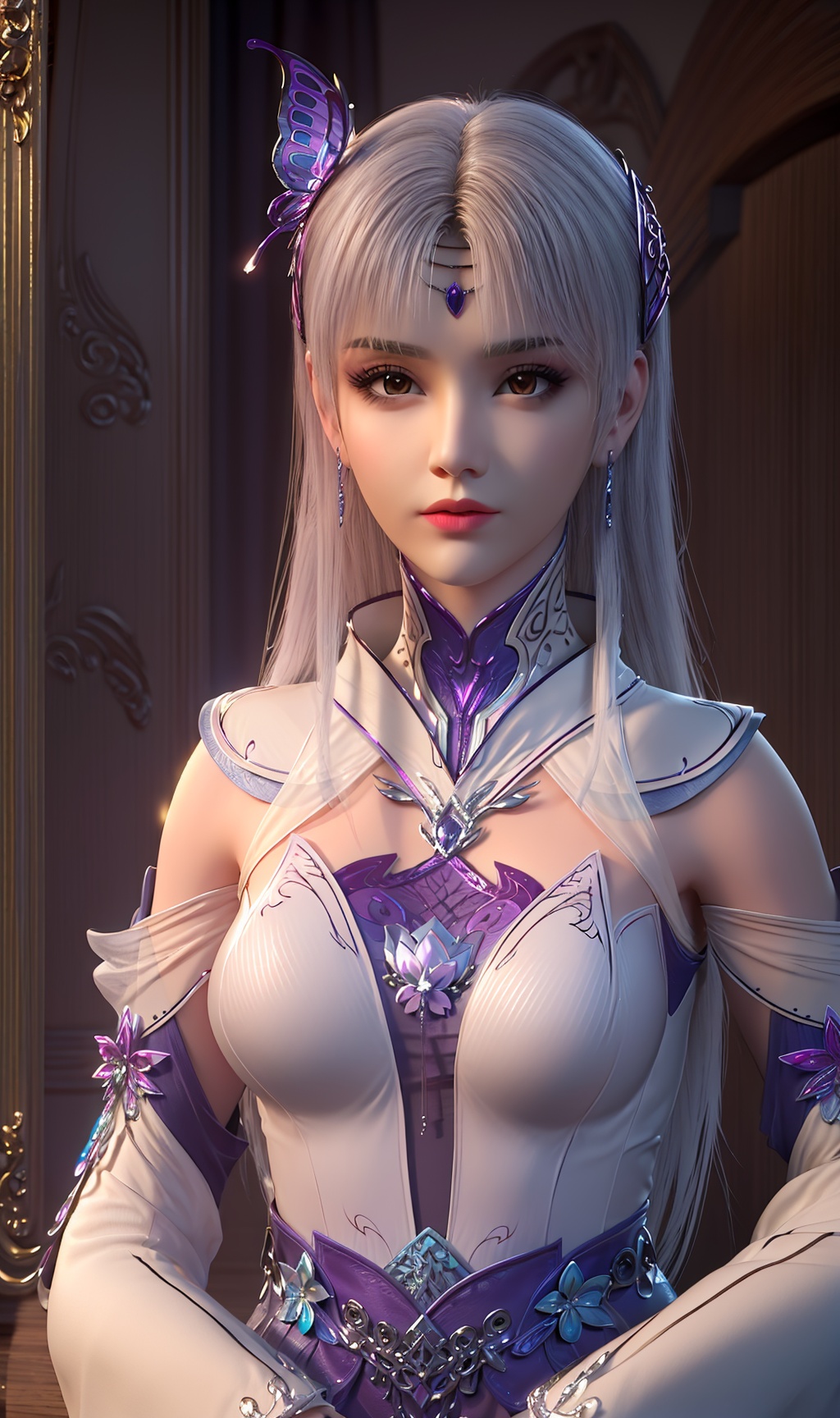 3D,masterpiece,(best quality),(makeup),official art, extremely detailed cg 8k wallpaper,((crystalstexture skin)), (extremely delicate and beautiful),(highly detailed),(face),(collar),(butterfly_hair_clip),(hand)(1girl), (solo), (jewelry), (earrings),(white_hair),(long_hair),(hair_ornament),(handwear),(breasts),((upper_body)),(dress),(shiny_clothes),(city,indoor),(multicolored_clothes),(multicolored_dress),,((looking_at_viewer)),((Facing the camera)),, <lora:hipoly3DModelLora_v10:0.3>