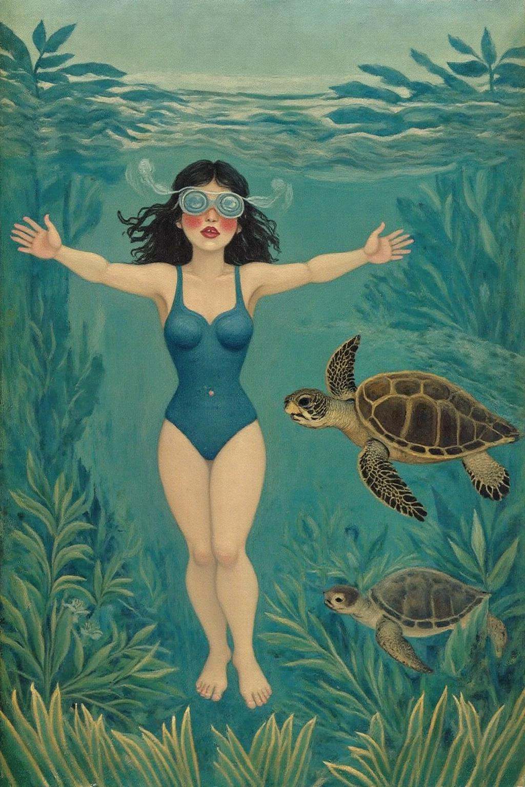 henrou1 paintinga woman swimming underwater. The woman is wearing a blue one piece swimsuit,  and she is wearing goggles o...