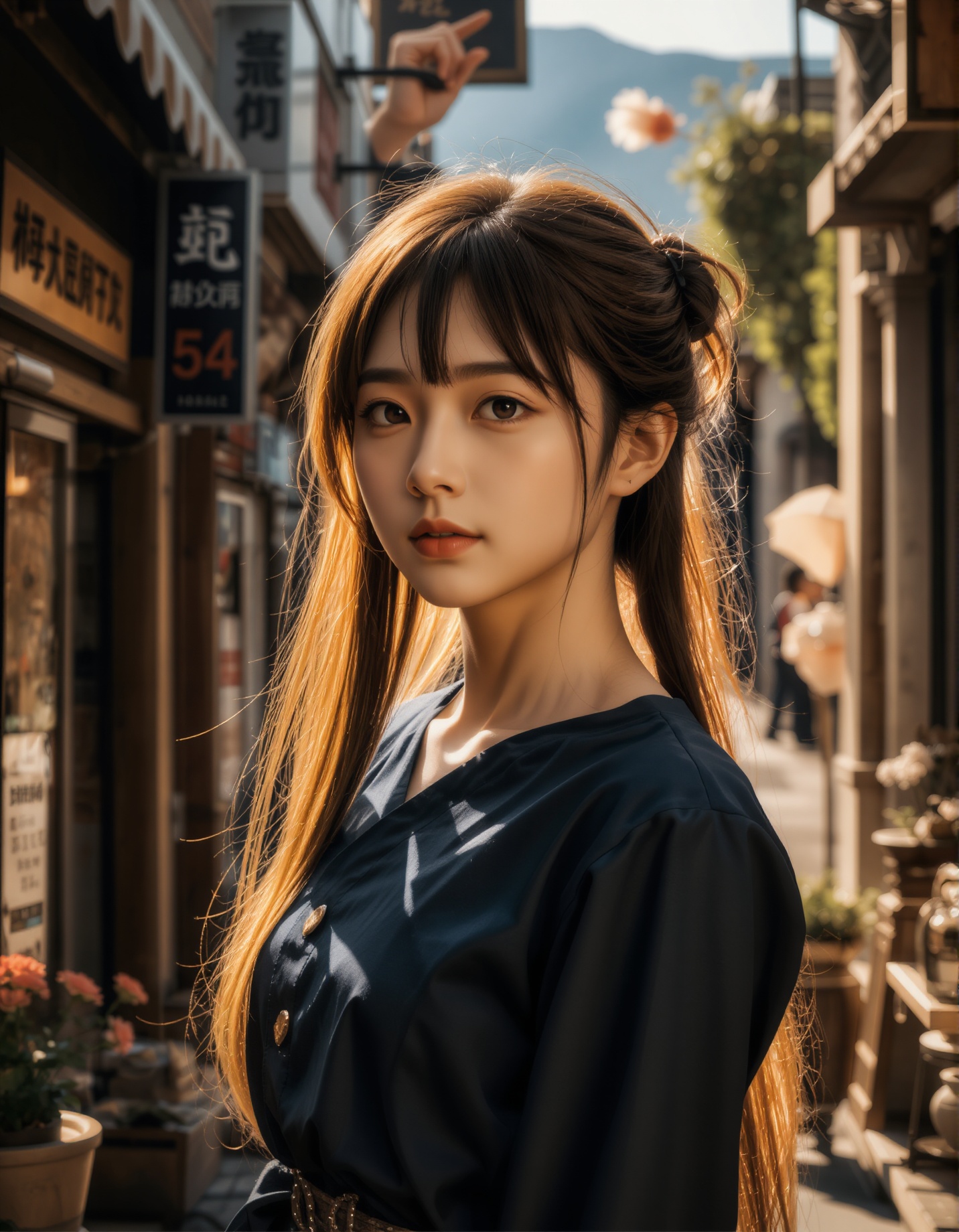 A photograph of an incredibly beautiful 18-year-old girl with long,  stylish gradient brown hair,  standing confidently at...