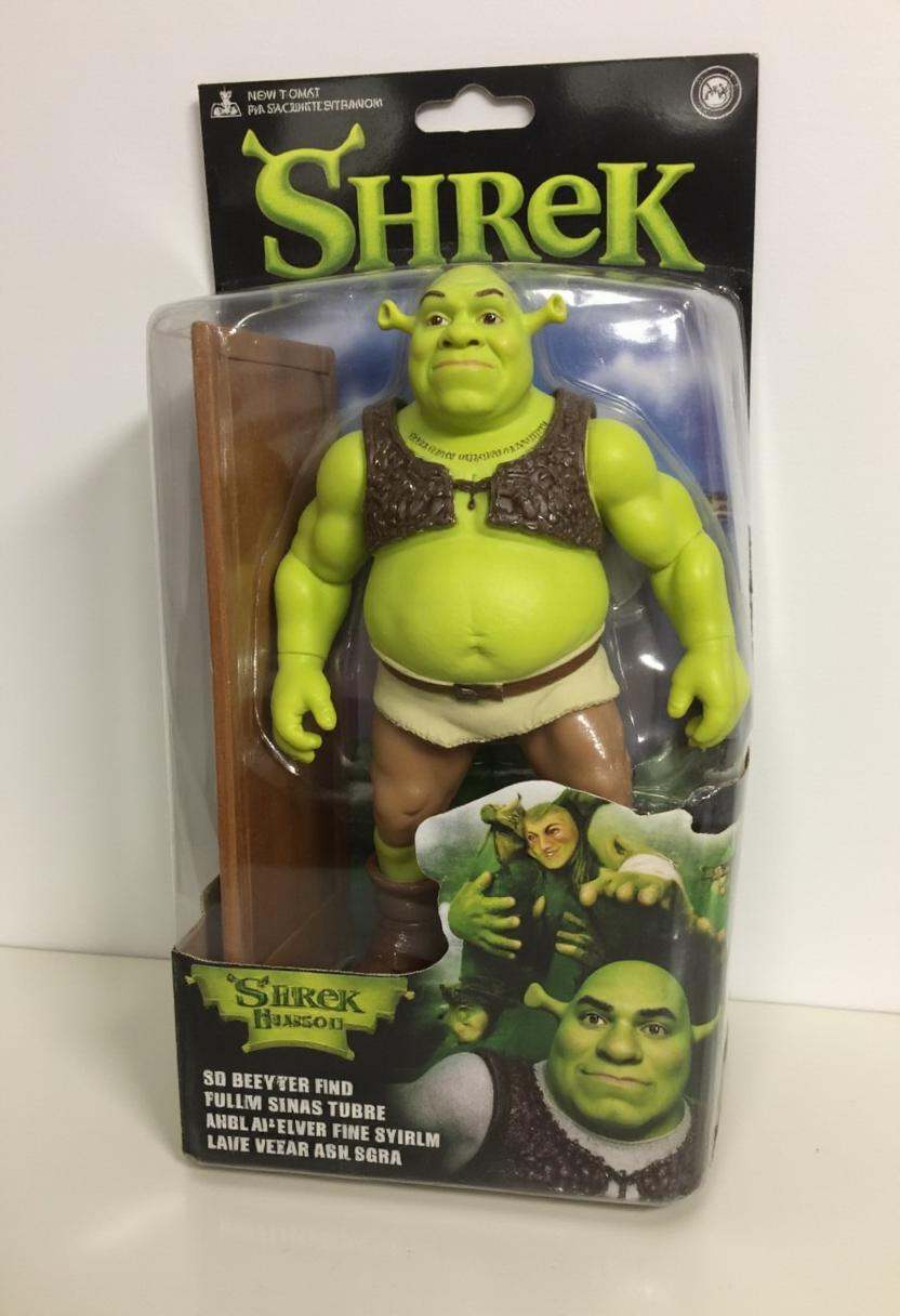 The image is a photograph of a packaged action figure of Shrek. on Tensor.Art