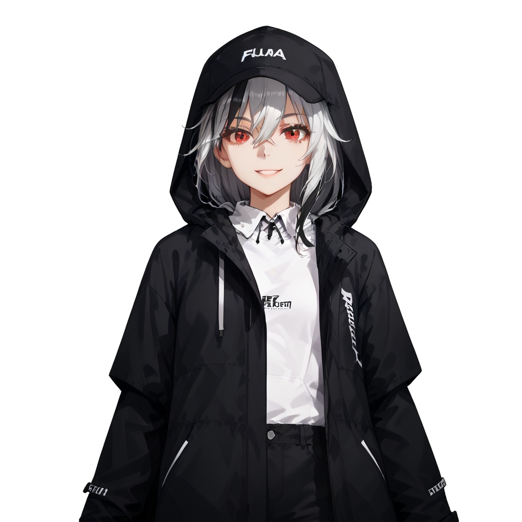 (white background:1.2),looking at viewer,(SOLO:1.4),outline,simple background,upper body, cowboy shot,looking at viewer,(((arms at side))),   fu hua,senti,long hair,bangs,white hair,red eyes,hair between eyes,smile,black hair,multicolored hair,streaked hair,black feathers,jacket,white shirt,hood up,black headwear,sleeves past wrists,baseball cap,clothes writing,white footwear,sneakers,shoes,long sleeves,open jacket,open clothes,black pants,hoodie,hooded jacket,hood,<lora:heiyu-2-pony:0.8>