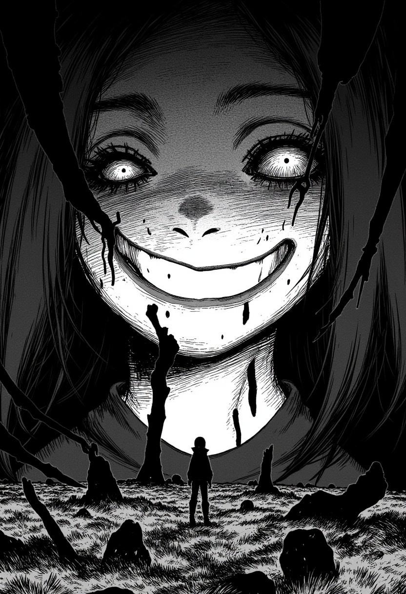 nistyle,  monochrome manga sketch of an eerie smiling womans head closeup with multiple eyes infront en eerie mystery land...