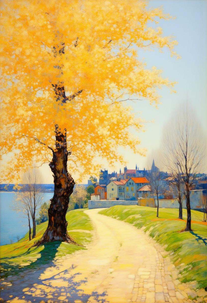 An impressionistic oil painting,  likely executed in a realist style. The painting depicts a serene,  sunlit scene in a pa...