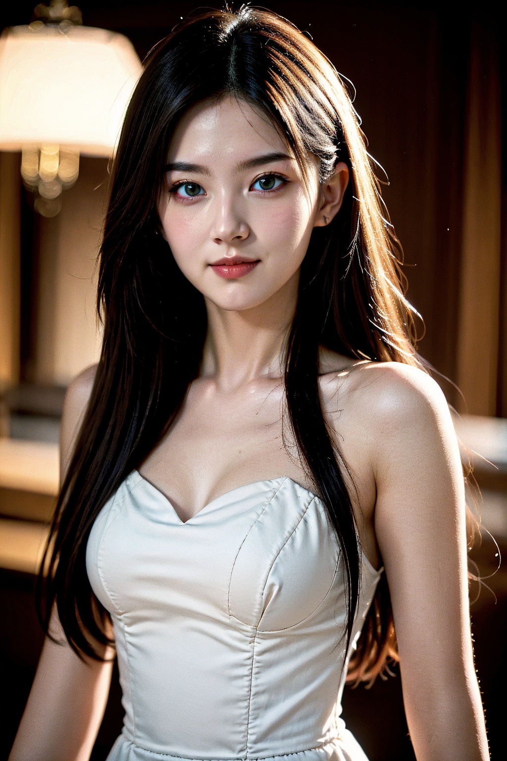 girl, brown eyes, black long hair, smirk, realistic skin, skin pores, beautiful, pretty, upper body, dramatic lighting, realistic, teenage, dress,