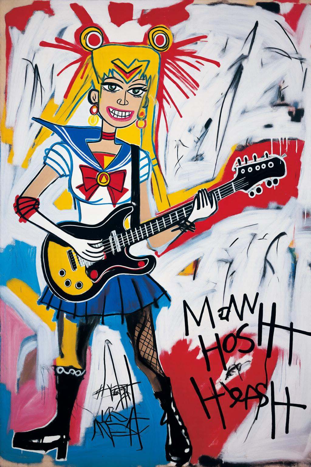 jeanmichelbasquiat2q painting.Punk woman dressed as sailor moon playing a guitar at a heavy metal mosh pit,  tattoos,  pea...