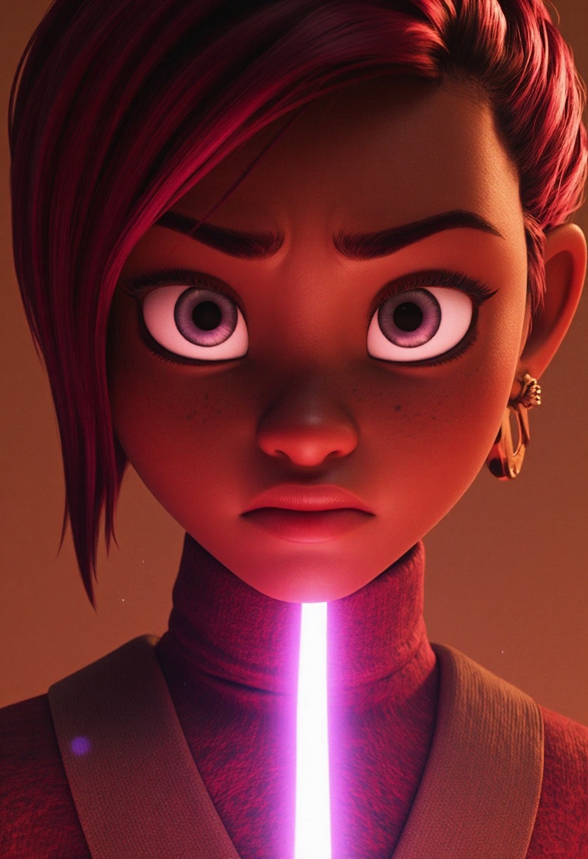 A bold and powerful character in Pixar-inspired 3D style: a fierce young woman with short,  vibrant pink hair styled with...