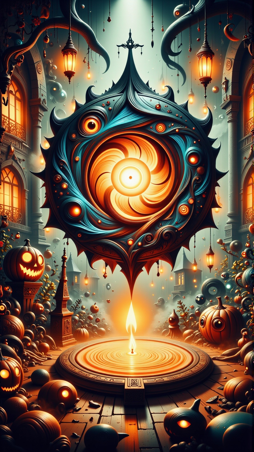 HalloweenGlowStyle orange themed A surreal digital painting showcasing a mysterious,  swirling,  iridescent on Tensor.Art