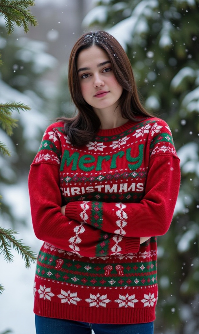 A warm winter wonderland scene: A young woman,  bundled in a cozy red Christmas knit sweater adorned with intricate snowfl...