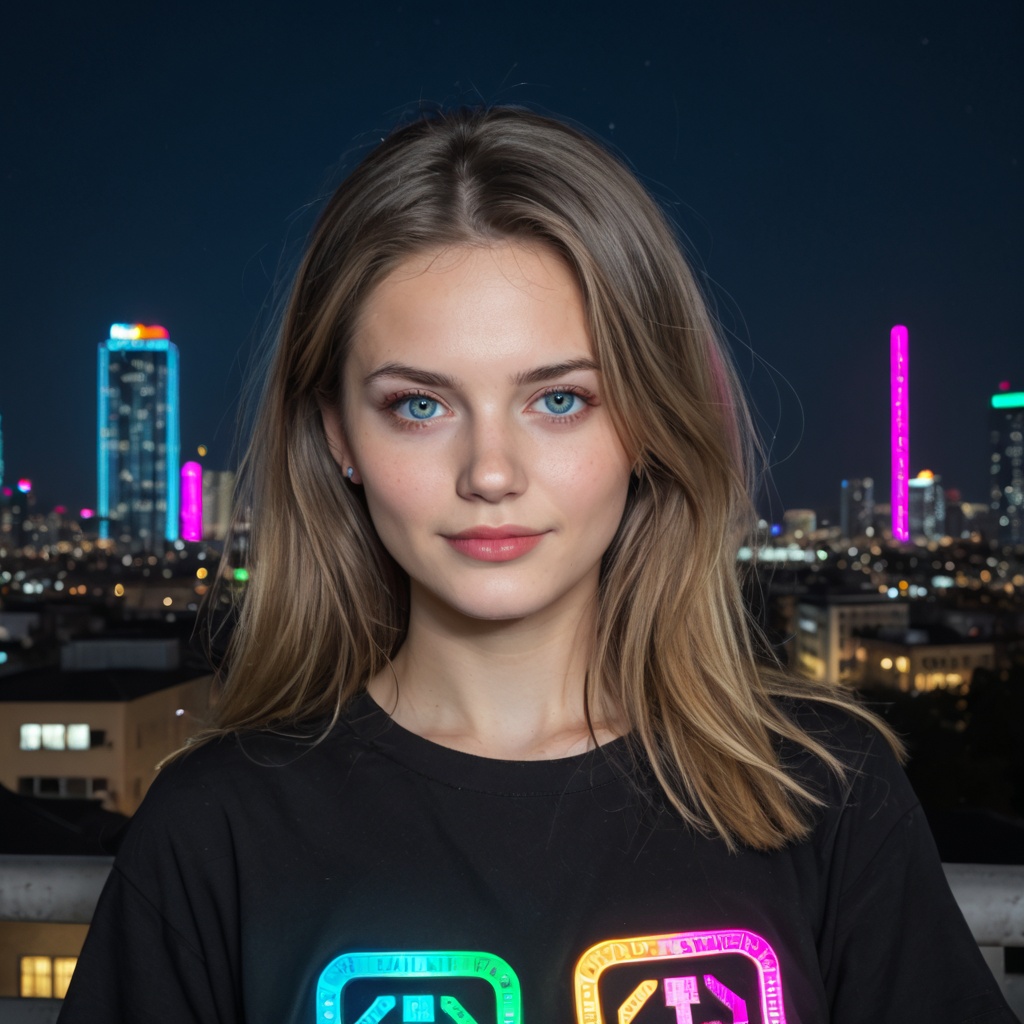 close portrait a 20 years old woman in a colorful outfit posing for a picture in front of a city skyline at night with a n...
