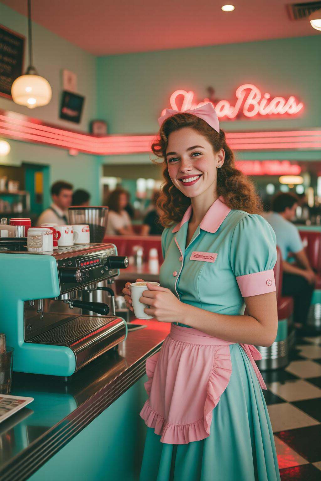 midjourneymix10q photographA smiling waitress with long curly hair dressed in a vintage-style uniform,  stands at the coun...