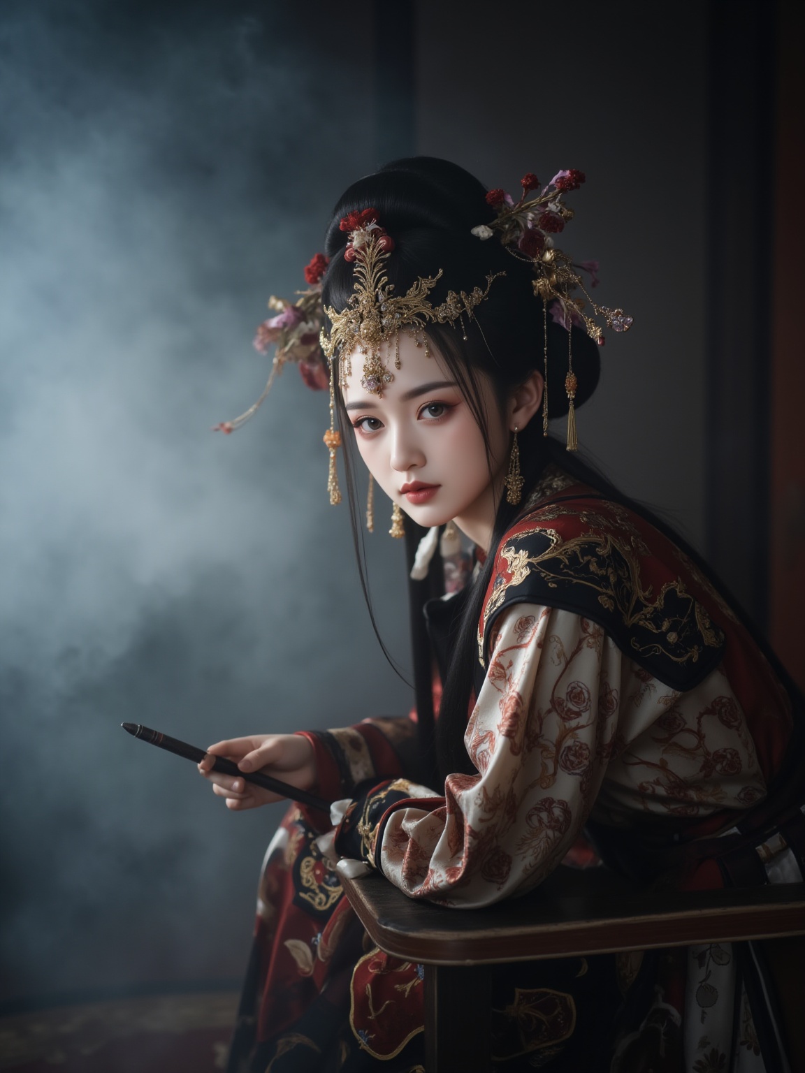 Photograph, Chinese ancient style, woman in elaborate Qing dynasty attire, elaborate headdress with red and gold accents, ornate robe with intricate patterns, holding a calligraphy brush, surrounded by misty background, soft lighting, serene expression, cultural heritage, historical ambiance.