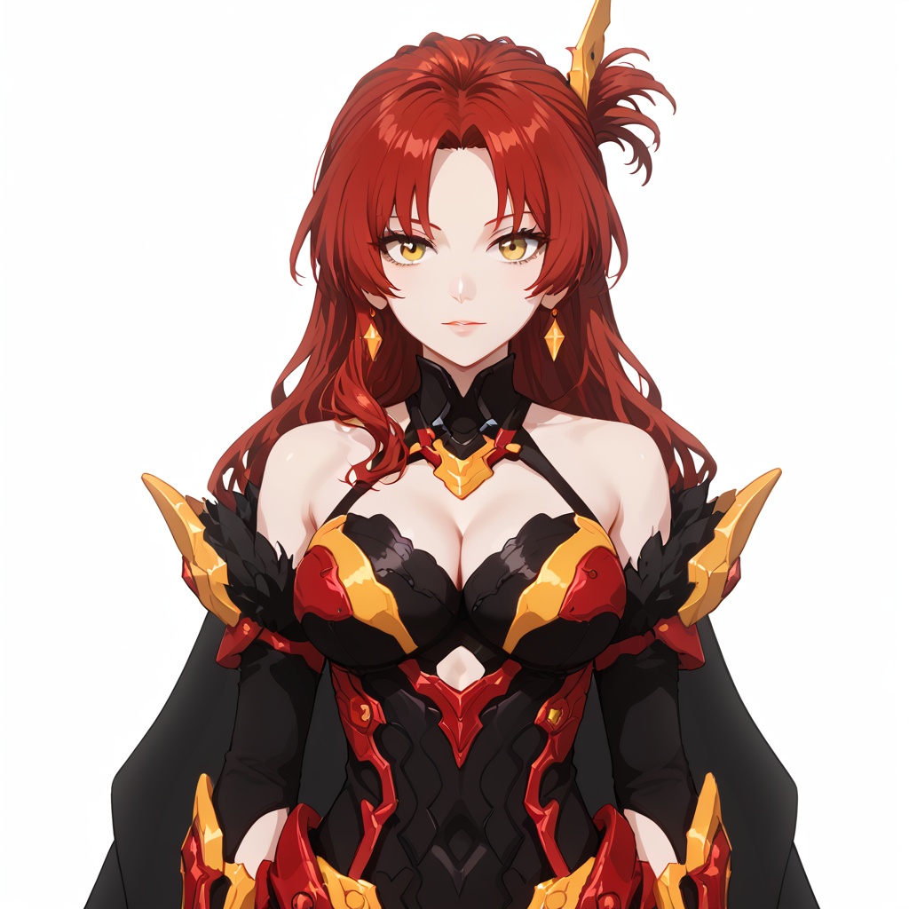 (white background:1.2),looking at viewer,(SOLO:1.4),outline,simple background,upper body, cowboy shot,looking at viewer,(((arms at side))),  murata himeko,folded ponytail,cleavage,yellow eyes,red hair,long hair,breasts,bangs,parted bangs,<lora:jizi-pony:0.8>