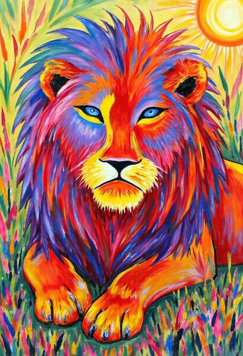 Fauvism Facilitator,  Illustrate a lion resting in a sunlit savanna,  its mane in shades of deep red on Tensor.Art