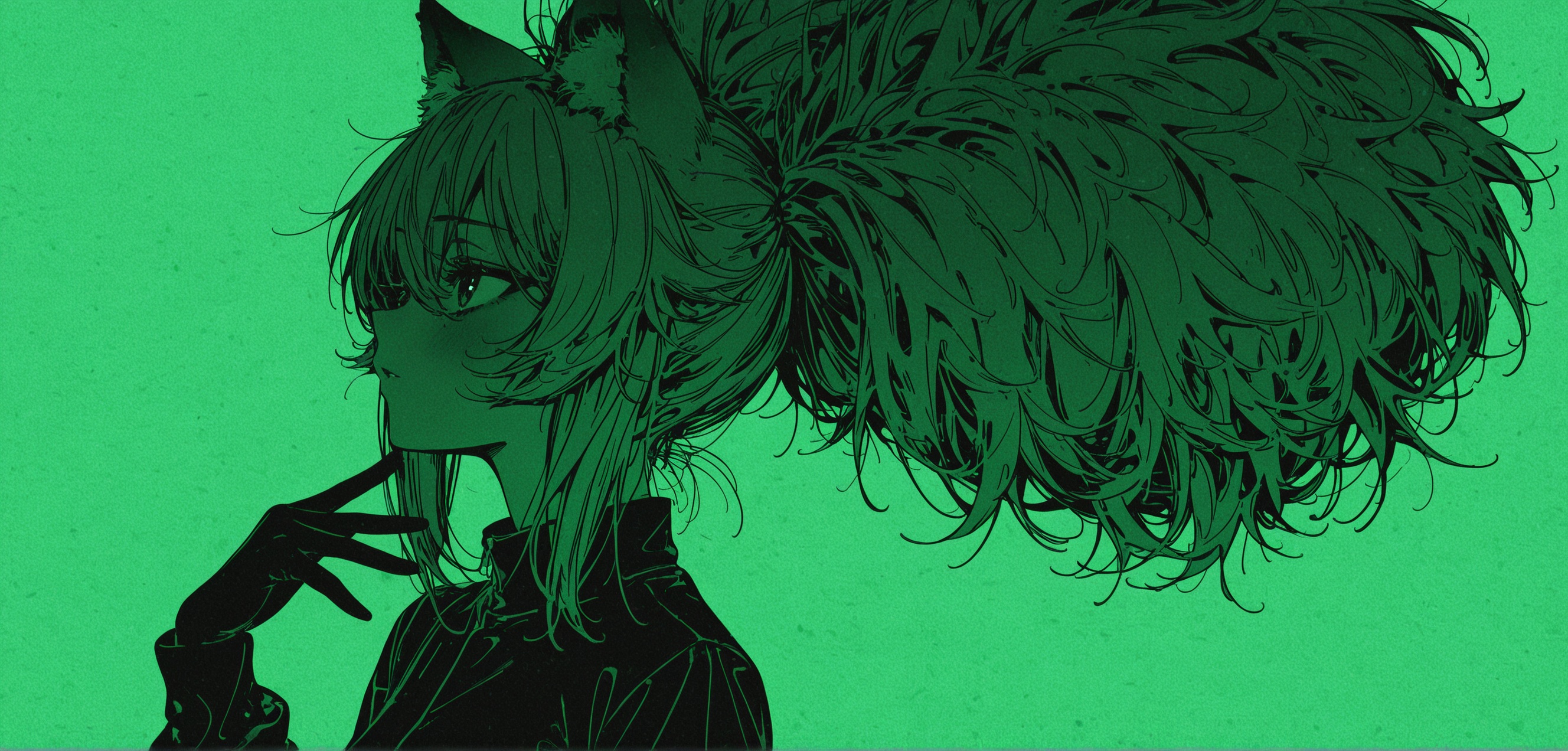 texture masterpiece, best quality, best quality, [quasarcake:crain1art:9], [dlgeria::9], (xxyt-xx:0.85), chen bin, (as109:0.5), fagun_yibei, berryverrine,cinematic, 1girl, gradient green monochrome, fluffy hair, (from_side:0.67), looking ahead, afro puffs, hair_flaps, big hair, animal_ears, simple background, thick outlines, Standing with one hand on the hip, (ebifurya), diathorn