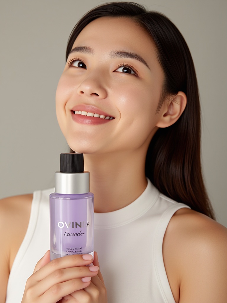 A serene East Asian model with subtle,  natural makeup accentuating her eyes and lips,  dark straight hair pulled back to...