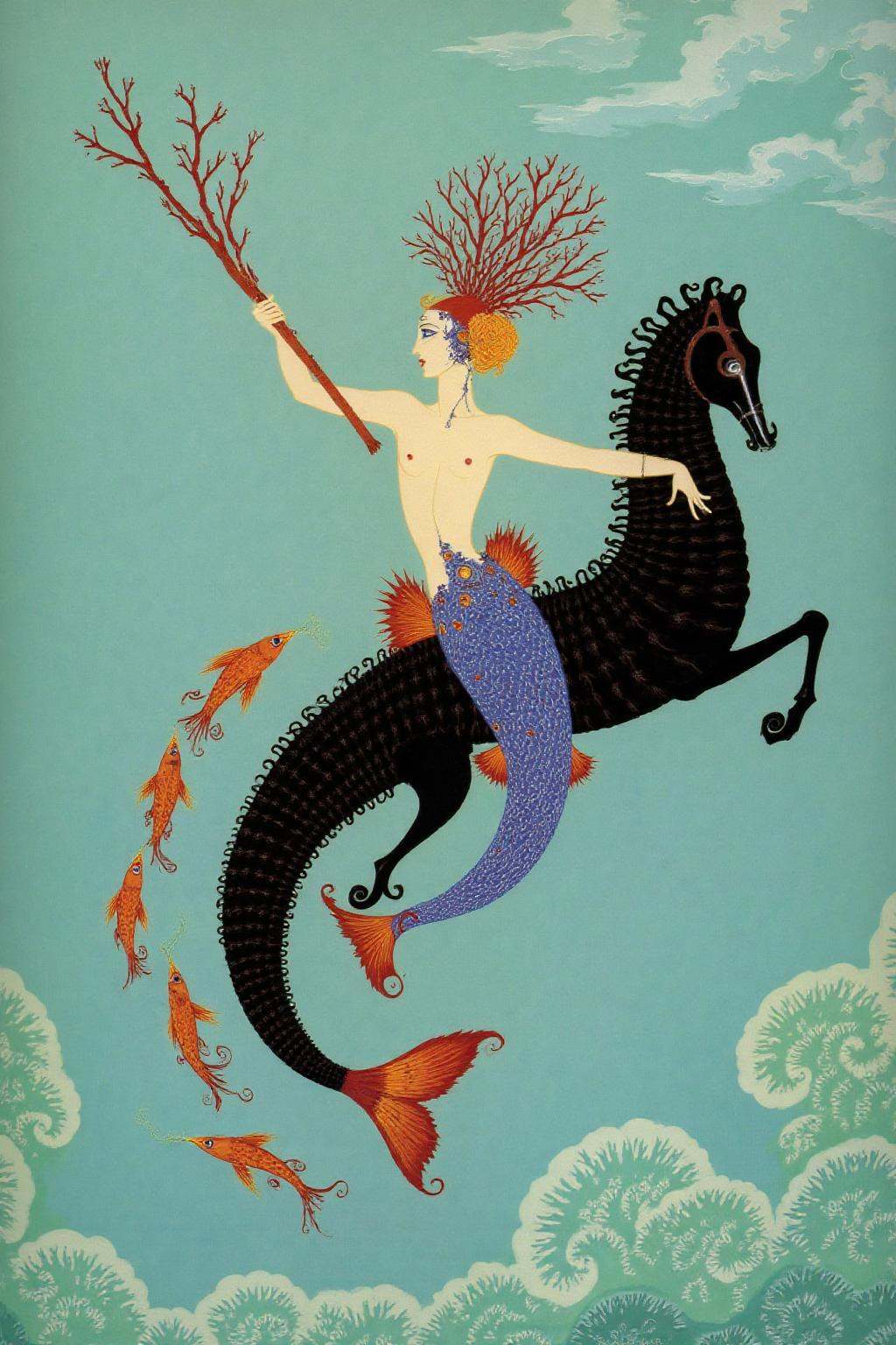 erte1 illustration. An underwater scene with a mermaid riding a black seahorse. The mermaid is wearing a headdress adorned...