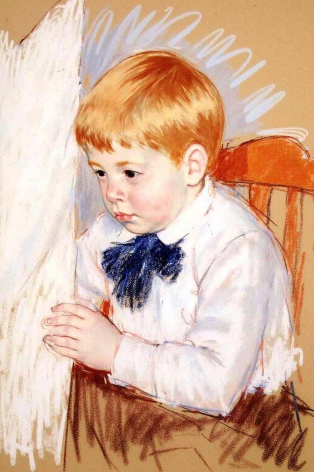 marycassatt2 drawing.A young boy with short,  light brown hair is shown with a serious,  contemplative expression. He is d...