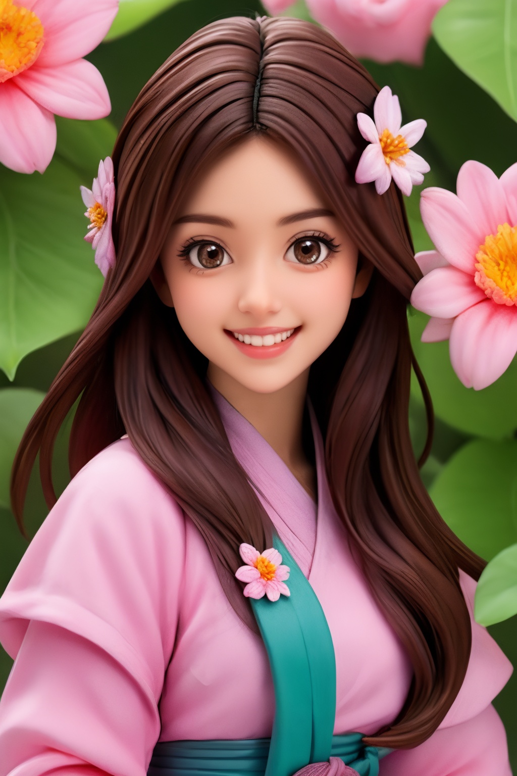 1girl, solo, flower, long hair, brown hair, smile, teeth, looking at viewer, hair ornament, upper body,