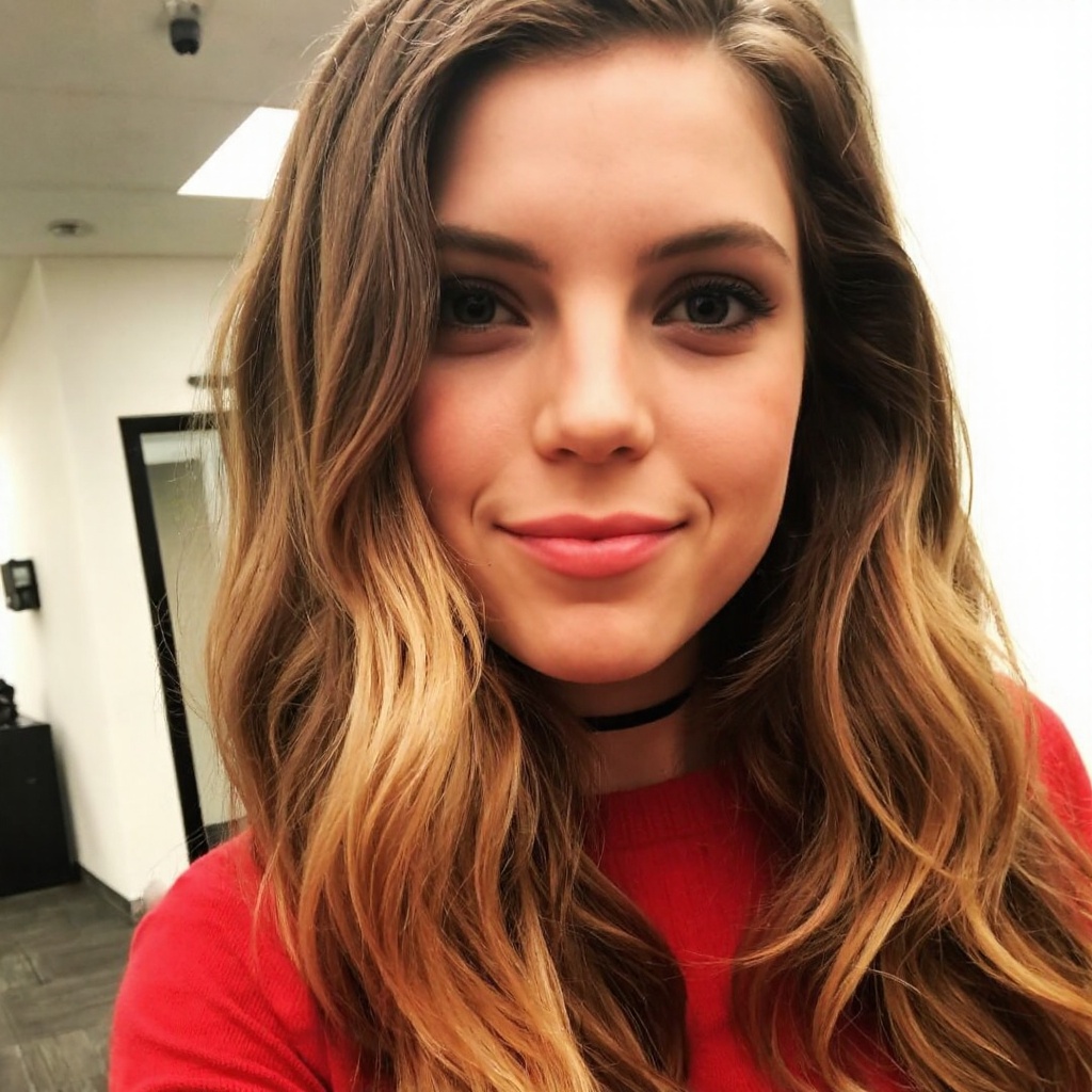 A close-up portrait of sydney_sierota with long,  wavy blonde hair. She wears a red sweater and a black choker necklace. H...