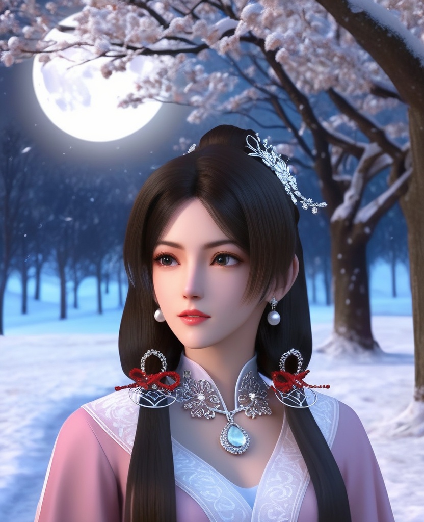 <lora:843-DA-XL-元龙-宋嫣:0.8>, (,1girl, ,best quality, ),,  picture-perfect face,   clean, masterpiece,     cinematic lighting, cinematic bloom, fantasy,  , unreal, science fiction, ((,1girl, pov,))(((,tree, 1girl, full moon,snowing,snow ,solo,     solo focus,  long_hair, looking_at_viewer,  )))  (rich:1.4,)     prestige, luxury, jewelry, diamond, gold, pearl, gem, sapphire, ruby, emerald, intricate detail, delicate pattern, charming, alluring, seductive, erotic, enchanting, hair ornament, necklace, earrings, bracelet, ,
