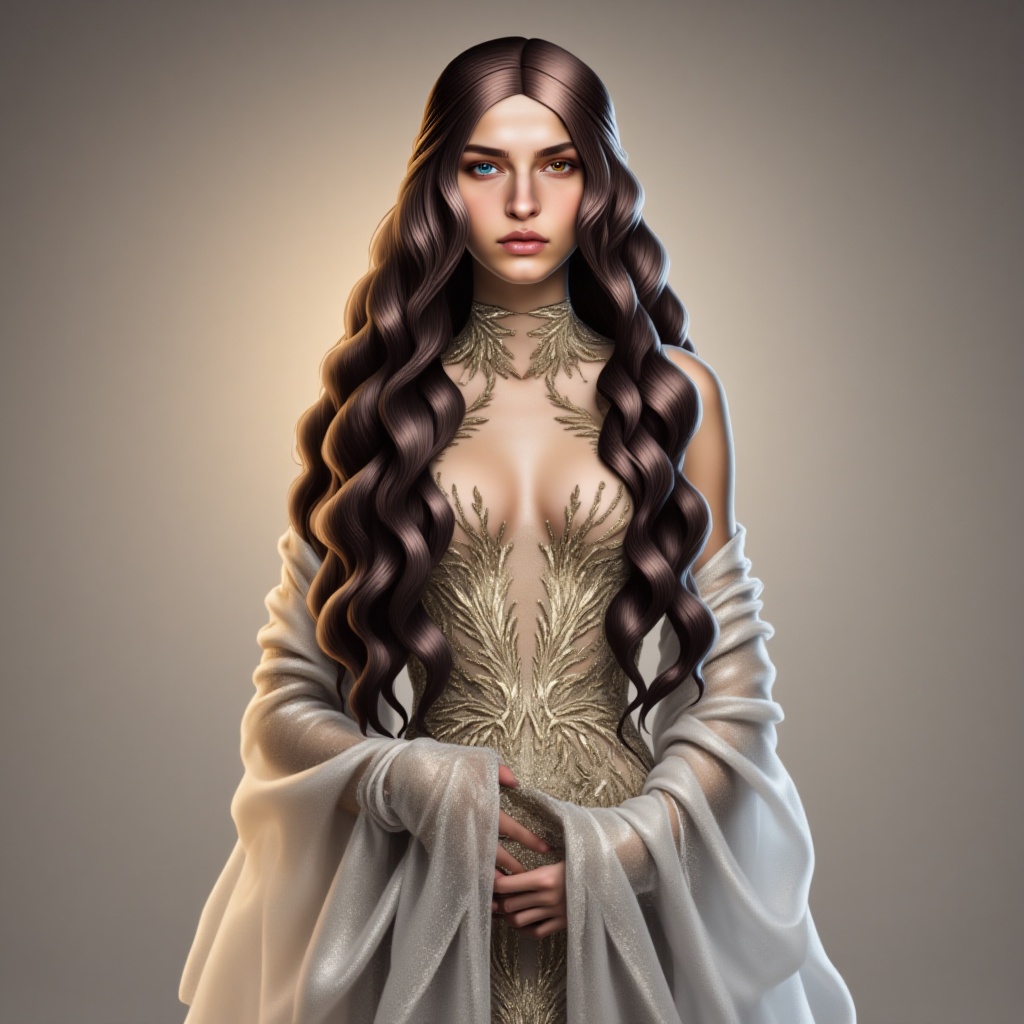 a stunning woman in a luxurious high-slit silver gown with golden embroidery and sheer long sleeves,  deep wavy dark brown...