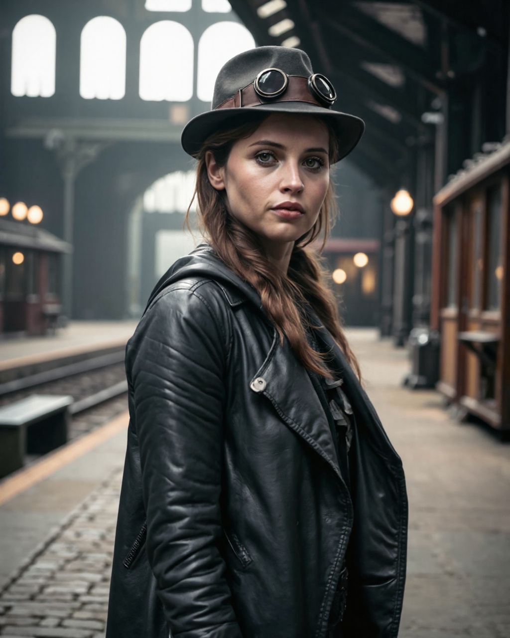 This is a high-resolution photograph of felicity_jones standing on an old-fashioned train platform. The platform is enclos...