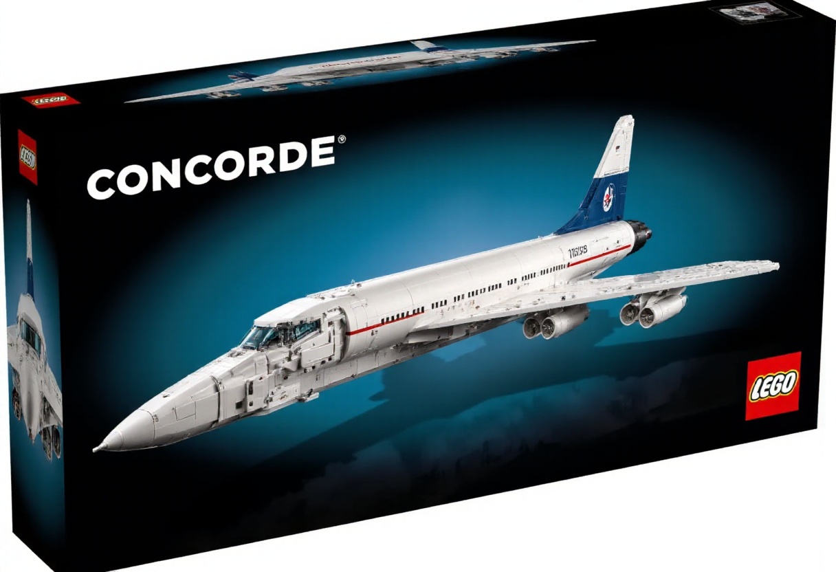 The image is a photograph of a LEGO set box for a model of a Concorde airplane. The box is predominantly black with a grad...