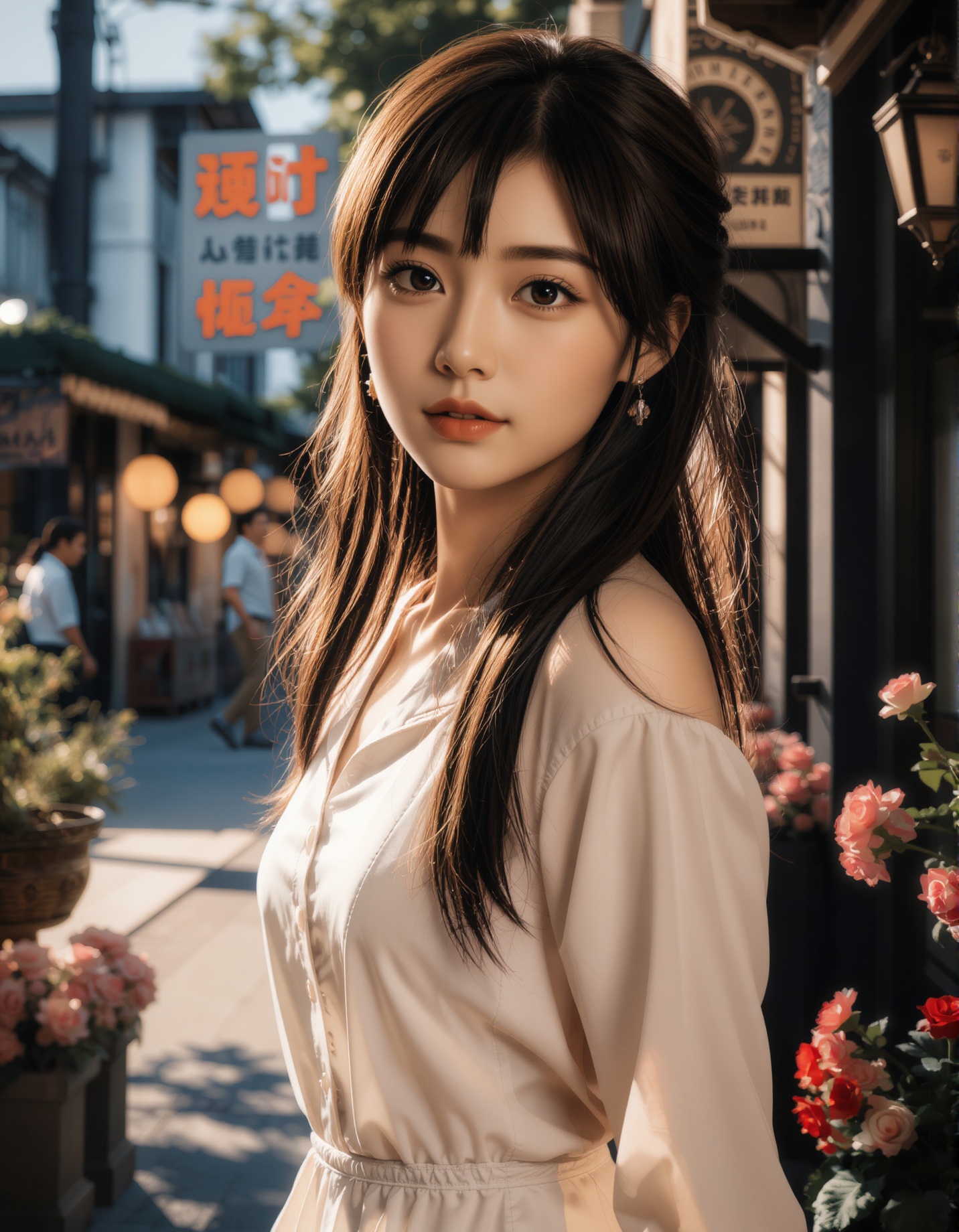 A photograph of an incredibly beautiful 18-year-old girl with long,  stylish gradient brown hair,  standing confidently at...
