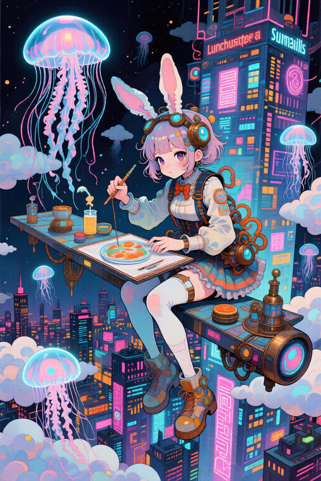 kaoruyamada2q painting. prompt by Daalis. A twist on the "Lunch atop a Skyscraper" but as an out-of-the-norm fantasy: bunn...