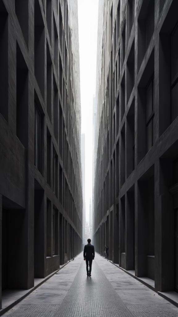 "A narrow alleyway stretching into the distance,  lined with tall buildings that loom overhead,  with a figure walking awa...
