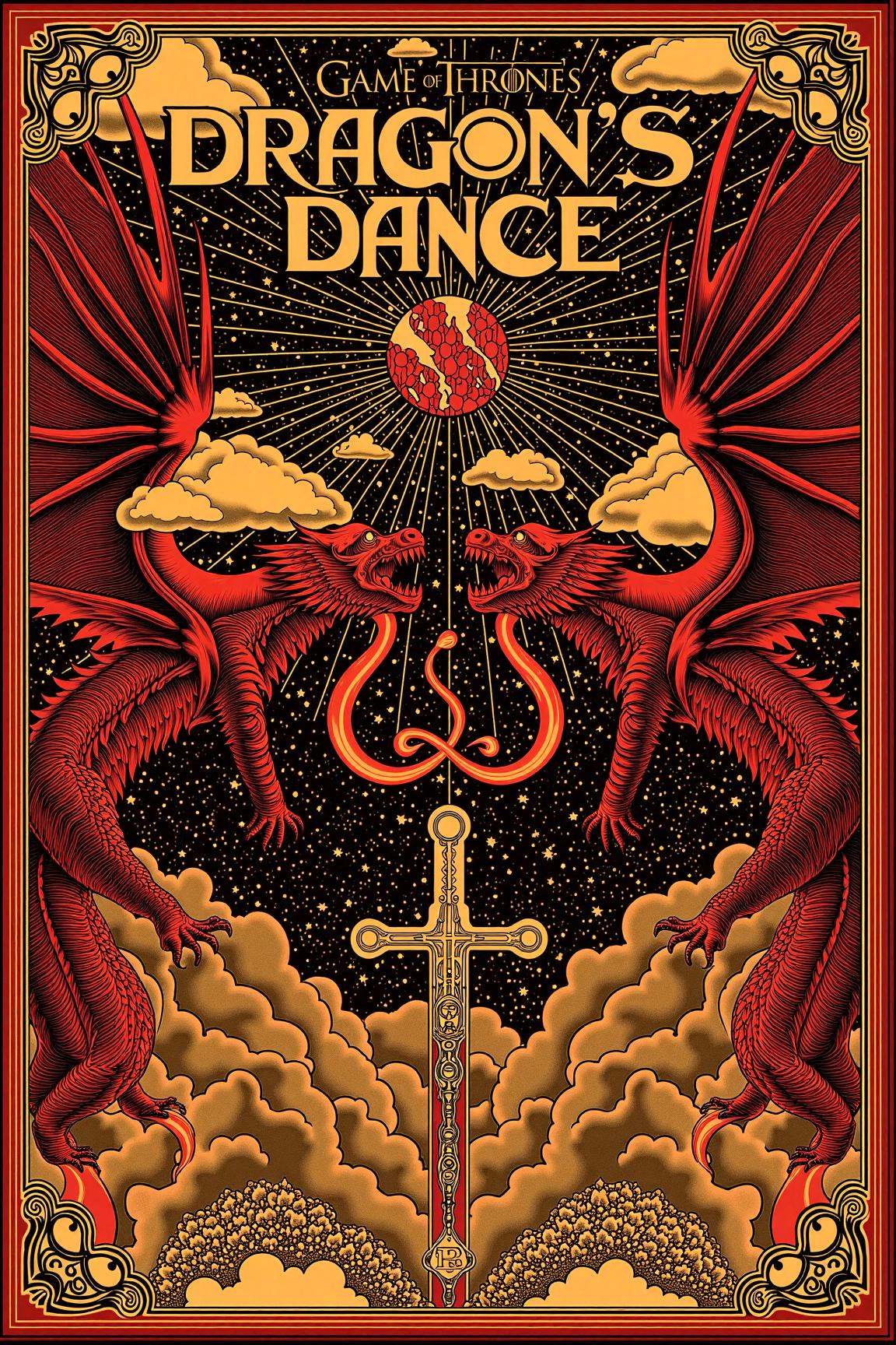 psypop,  70s psychedelic style poster of a "Game of Thrones: Dragon’s Dance" psychedelic 1970s pop art poster,  majestic d...