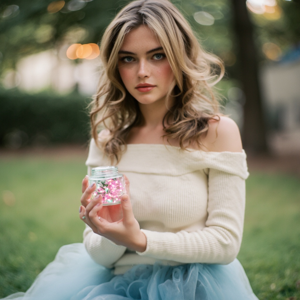 A portrait of sydney_melman with wavy, blonde hair, wearing a cream-colored off-the-shoulder sweater and a blue tulle skirt. She holds a small, translucent container filled with pink and green fairy lights. The background is blurred, suggesting an outdoor setting with a bokeh effect, indicating a festive or celebratory atmosphere. The woman's gaze is directed slightly to the side, and her expression is serene and contemplative. The image style is soft and dreamy, emphasizing the interplay of light and shadow.