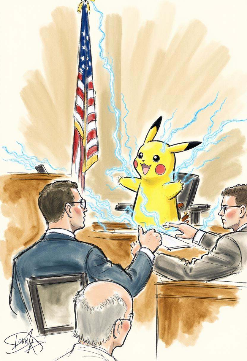 This is a detailed,  hand-drawn courtroom scene in a sketchy,  watercolor style depicting pikachu electrocuting a lawyer....