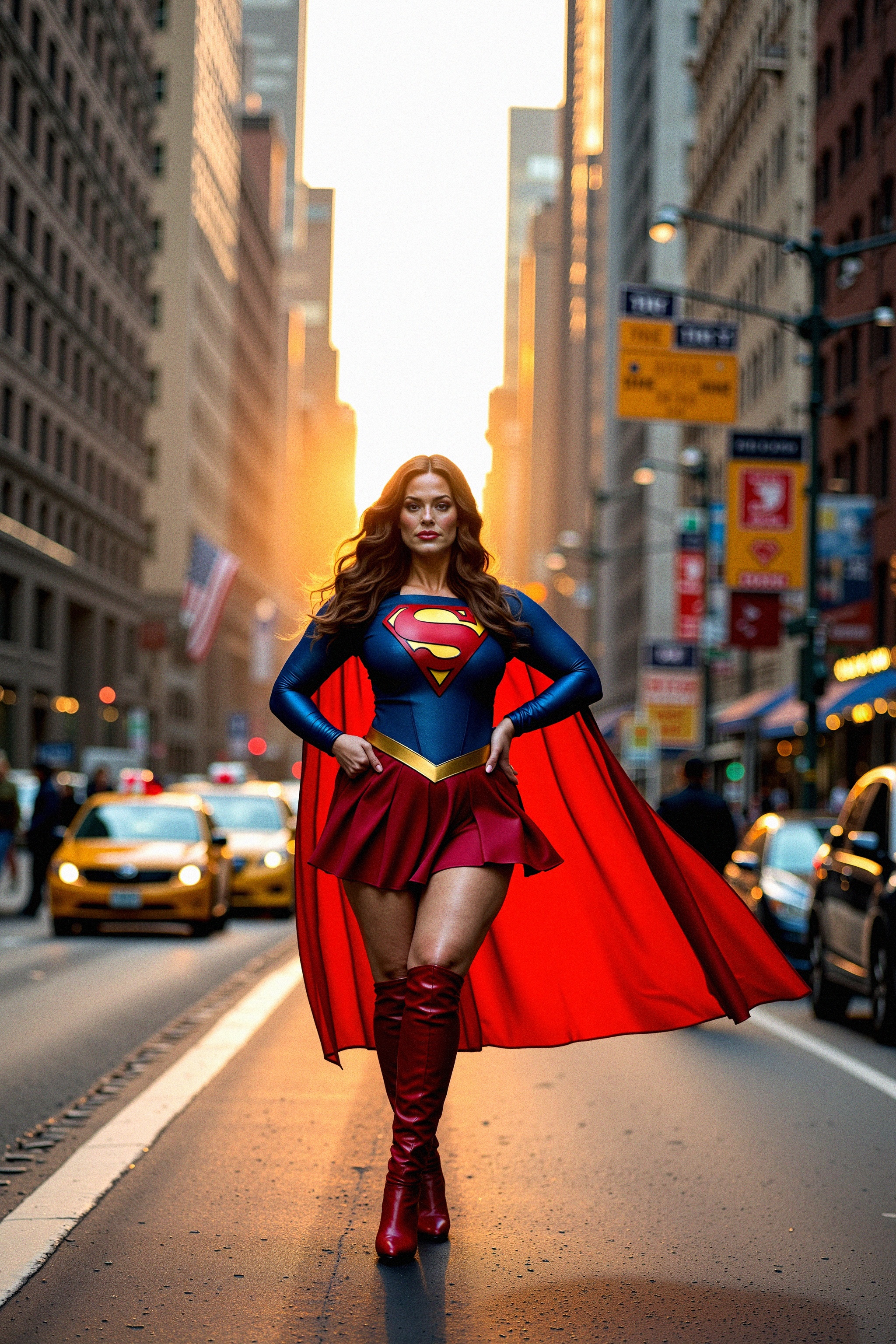 A full-body shot of Superwoman standing confidently in the middle of a bustling New York City street at dawn,  with skyscr...