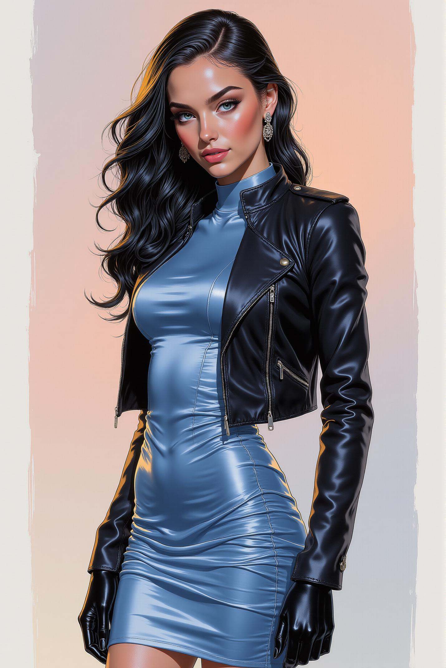 This portrait exudes a sophisticated blend of elegance and edgy fashion,  presenting a young slender figure adorned in a h...