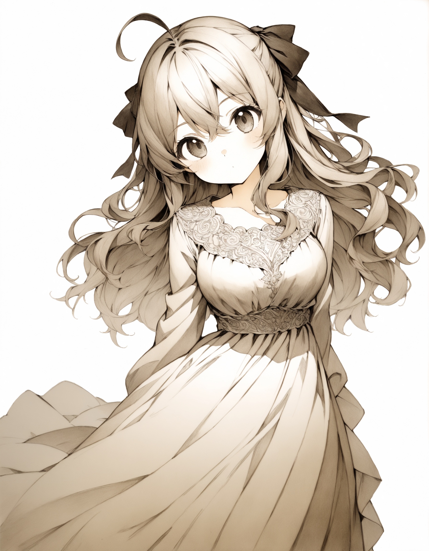 Cowboy shot. . A cute girl. Solo. Neutral expression. Contrapposto. Head tilt. Looking at viewer. . Detailed eyes. Tareme....